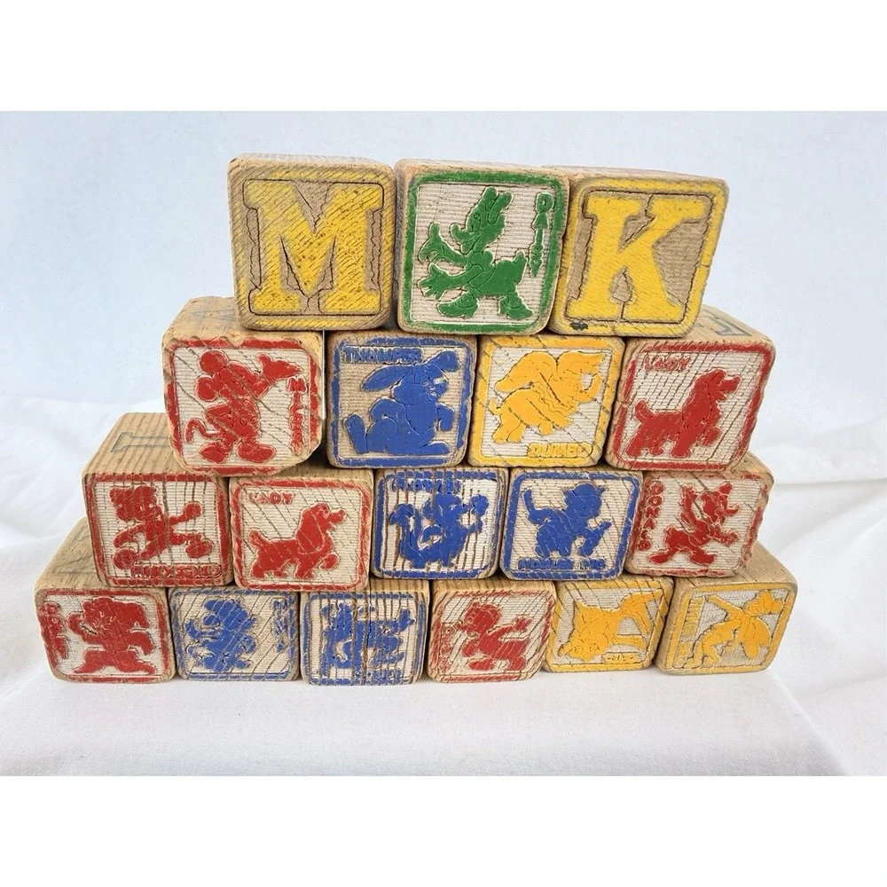Vintage Wooden Alphabet Blocks‎ ABC Picture Toy Set 44 Nursery Rhyme Animals